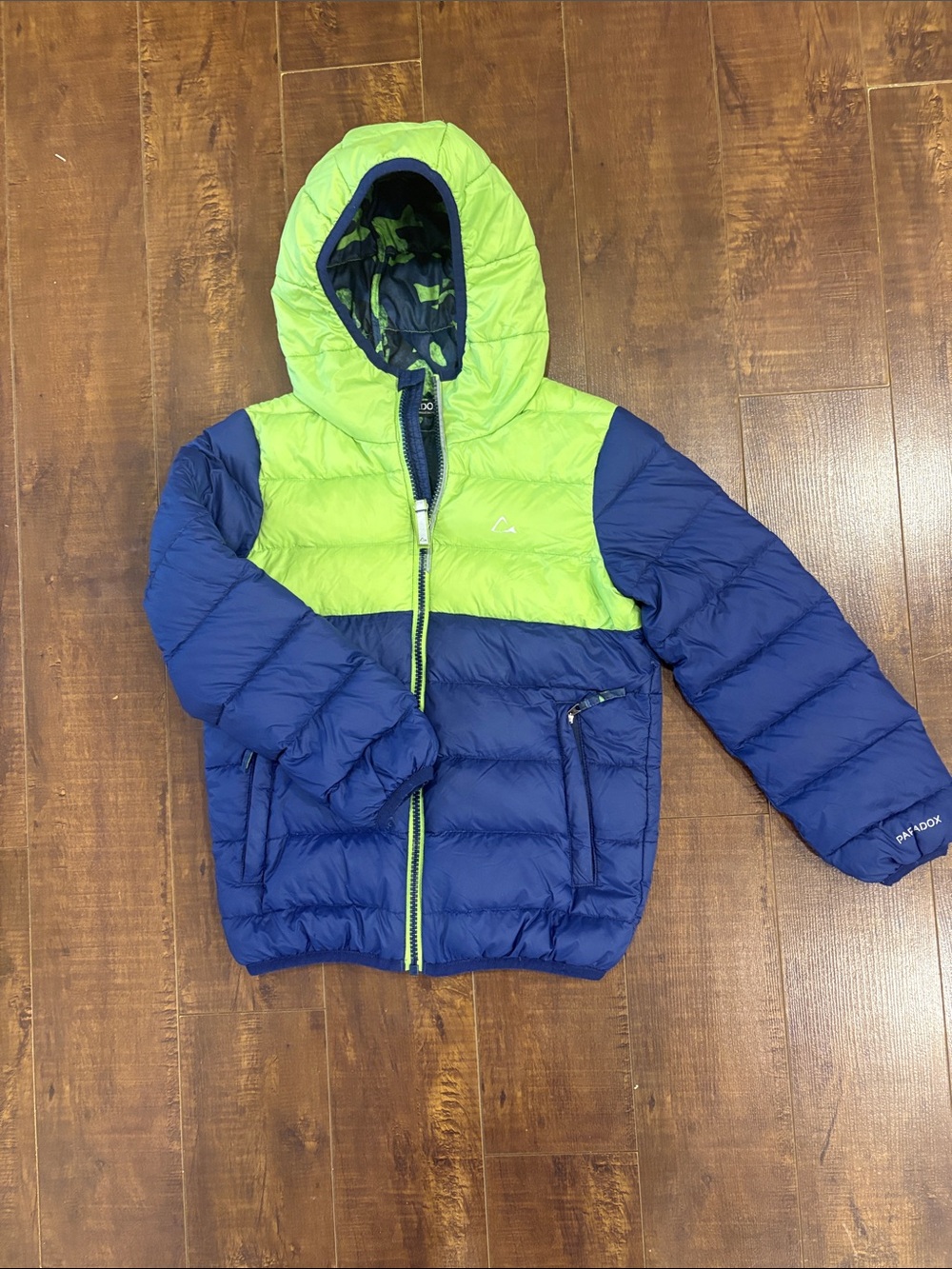 Paradox Kids Puffy Hooded Jacket - Green & Navy Size S